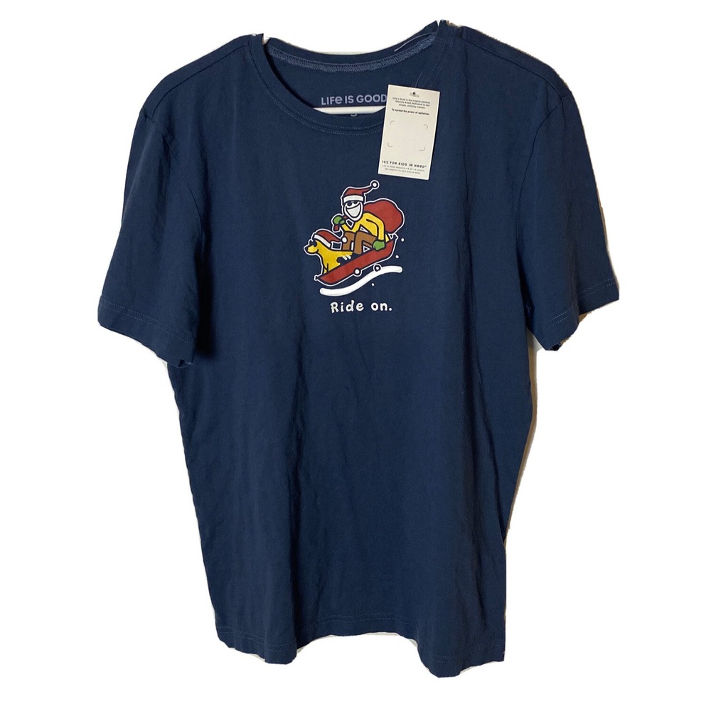 Life Is Good Men's Ride On Christmas Dog Sleigh Graphic T-Shirt Blue Size Small